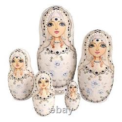 Unique Russian Nesting DOLL Hand Painted White Babushka set of 5 Signed