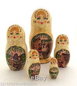 Unique Russian Nesting Doll Fairy tale Masha and Bear Carved Hand Painted Doll