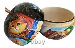Unique Shape APPLE CAT Mama with Kitten Hand Carved Hand Painted Nesting Doll