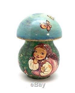 Unique Shape Russian Wooden Hand Carved Hand Painted Mushroom box not nesting
