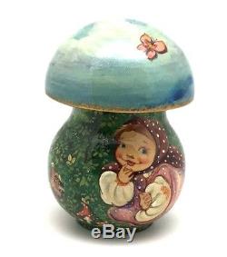 Unique Shape Russian Wooden Hand Carved Hand Painted Mushroom box not nesting