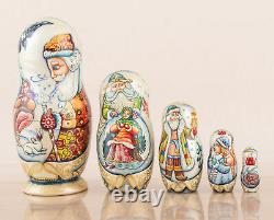 Unique nesting dolls blue and gold Morozko, Russian Christmas matryoshka