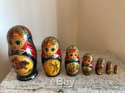 VINTAGE 1990s HAND PAINTED RUSSIAN NESTING DOLL Signed 7 pcs FAIRY TALE