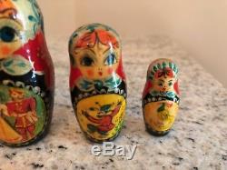 VINTAGE 1990s HAND PAINTED RUSSIAN NESTING DOLL Signed 7 pcs FAIRY TALE