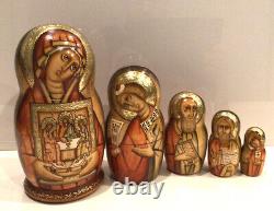VINTAGE RUSSIAN RELIGIOUS ICON NESTING DOLL 5PC TRINITY 7H Signed