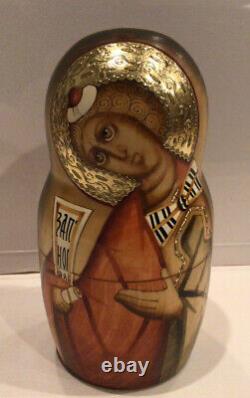VINTAGE RUSSIAN RELIGIOUS ICON NESTING DOLL 5PC TRINITY 7H Signed