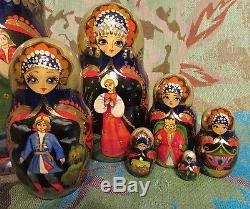 VINTAGE Signed 7 Pc Russian Matryoshka Nesting Dolls Tsar Saltan/Swan Princess