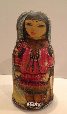 VTG RUSSIAN 10 NESTING MATRYOSHKA DOLL PAITED AROUND ALASKA BY ROMANOVA 90-s