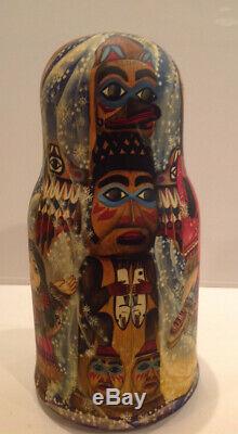 VTG RUSSIAN 10 NESTING MATRYOSHKA DOLL PAITED AROUND ALASKA BY ROMANOVA 90-s