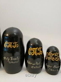 VTG RUSSIAN NESTING WOODEN DOLLS HAND PAINTED SIGNED RUSSIAN CATHEDRALS Set of 7