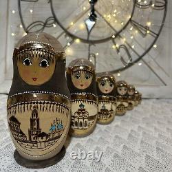 VTG Rare Matryoshka Wood Burned Hand Painted Nesting Russian Dolls Cross