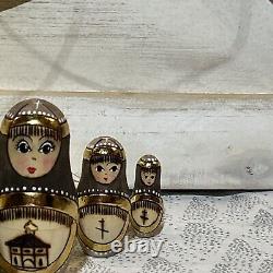 VTG Rare Matryoshka Wood Burned Hand Painted Nesting Russian Dolls Cross