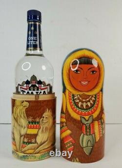 VTG Russian Inuit Girl Wood Wine Vodka Bottle Holder Signed Doll Eskimo Dog