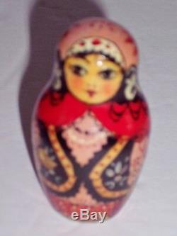VTG Russian MATRYOSHKA Wooden Nesting Dolls Hand Painted with Babushka Signed 1989