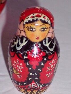 VTG Russian MATRYOSHKA Wooden Nesting Dolls Hand Painted with Babushka Signed 1989