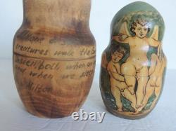 VTG Russian Matryoshka signed Nesting Dolls 10 Pc Religious Angels Cherub Poetry