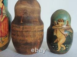 VTG Russian Matryoshka signed Nesting Dolls 10 Pc Religious Angels Cherub Poetry