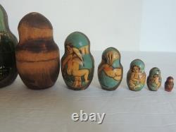VTG Russian Matryoshka signed Nesting Dolls 10 Pc Religious Angels Cherub Poetry