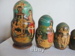VTG Russian Matryoshka signed Nesting Dolls 10 Pc Religious Angels Cherub Poetry
