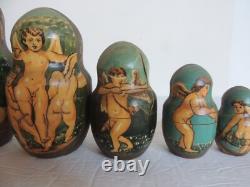 VTG Russian Matryoshka signed Nesting Dolls 10 Pc Religious Angels Cherub Poetry