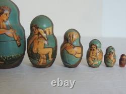 VTG Russian Matryoshka signed Nesting Dolls 10 Pc Religious Angels Cherub Poetry