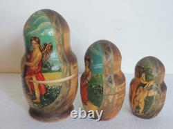 VTG Russian Matryoshka signed Nesting Dolls 10 Pc Religious Angels Cherub Poetry