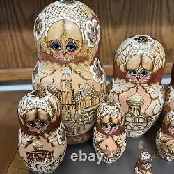 VTG Russian Nesting Doll 10 Piece Matryoshka Gold & Silver Iridescent Paint