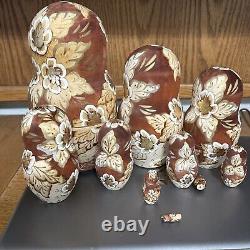 VTG Russian Nesting Doll 10 Piece Matryoshka Gold & Silver Iridescent Paint