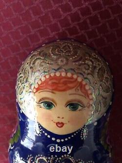 Very Beautiful Large Russian Handpainted Set of Nesting Dolls 10 Count