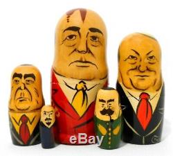 Vint Soviet Cccp Leaders/politically Themed Babushka Painted Wood Nesting Dolls