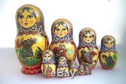 Vintage 10Pcs Signed Matryoshka Russian Fairy Tale Nesting Doll Magnificent #134
