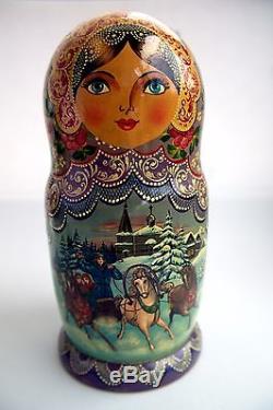 Vintage 10Pcs Signed Matryoshka Russian Fairy Tale Nesting Doll Magnificent 1998