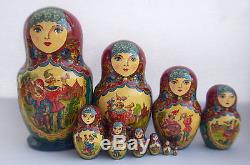 Vintage 10Pcs Signed Matryoshka Russian Fairy Tale Nesting Doll Magnificent 2000