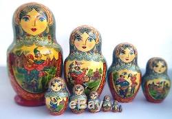 Vintage 10Pcs Signed Matryoshka Russian Fairy Tale Nesting Doll Magnificent 2001