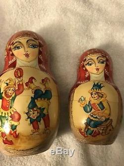 Vintage 10Pcs Signed Matryoshka Russian Nesting Doll Jumbo 10 In Jester