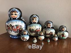 Vintage 10Pcs Signed Russian Winter Christmas Nesting Doll Magnificent