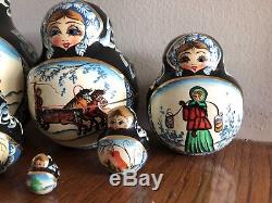 Vintage 10Pcs Signed Russian Winter Christmas Nesting Doll Magnificent