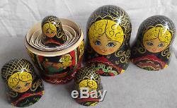 Vintage 10 Pcs Russian Matryoshka Hand Painted Nesting Doll Lacquer Wood