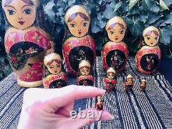 Vintage 10 Piece Russian Folklore Matryoshka Nesting Dolls signed SHCHEGLOVA