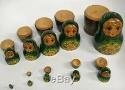 Vintage 10 Piece Russian Hand Painted Nesting Doll Signed Nocag