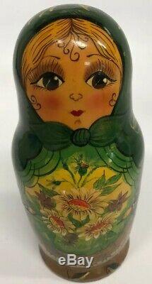 Vintage 10 Piece Russian Hand Painted Nesting Doll Signed Nocag