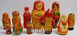 Vintage 11 Authentic Russian Nesting Wood Dolls Roly Poly Bell USSR Poland