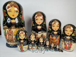 Vintage 12 piece Russian Nesting Dolls Signed Hand Painted Fairytales