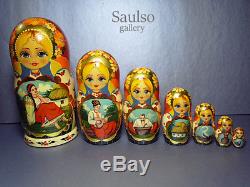 Vintage 1950's-60's large 8 Russian nesting dolls with hand painted motifs