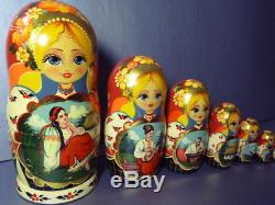 Vintage 1950's-60's large 8 Russian nesting dolls with hand painted motifs