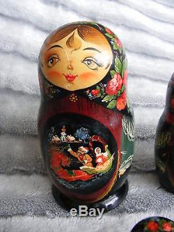 Vintage 1962 7 pcs Winter Troika Signed Moscow Russian Nesting Dolls Matryoshka