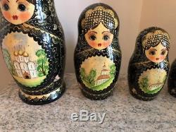 Vintage 1990 Hand Painted Russian Nesting Doll Zagorsk Signed 8 pcs CHURCHES