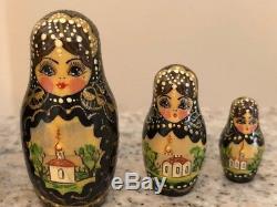 Vintage 1990 Hand Painted Russian Nesting Doll Zagorsk Signed 8 pcs CHURCHES
