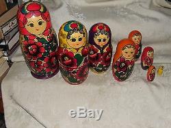 Vintage 1990 Set of 8 Russian Nesting Stacking Dolls Matryoshka Flowers Wooden