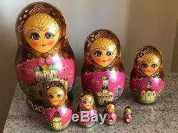 Vintage 1992 Hand Painted Russian Nesting Dolls Zagorsk Signed 7 pcs Churches